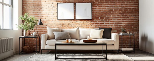 Loft living room with exposed brick walls and metal-framed furniture, industrial chic, vintage vibe