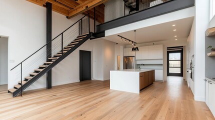 Loft with an open-concept living area and exposed metal beams, spacious design, industrial chic