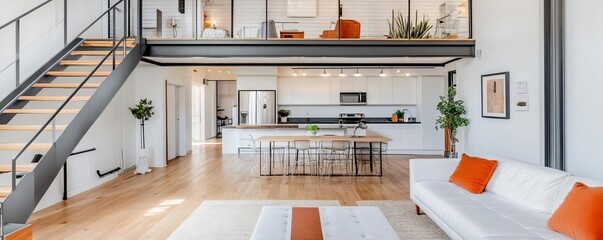 Loft with an open-concept living area and exposed metal beams, spacious design, industrial chic