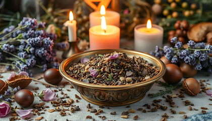 Wiccan witch altar with herb blend mix in brass dish, ready for incense burning. Background filled with dried lavender rose flowers, herbs, plants, chestnuts, burning candles. Incense burning ceremo