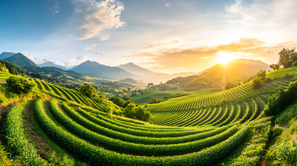 Poster - Stunning Sunset Over Rolling Green Hills - Perfect for Travel or Nature Themes