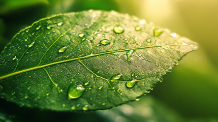 Morning dew on a green leaf, glowing in the sun. Beautiful leaf texture