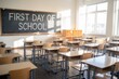 © AiAbstract - An empty classroom with neatly arranged desks and chairs, a large blackboard with 'First Day of School' written in chalk, and sunlight streaming through the windows