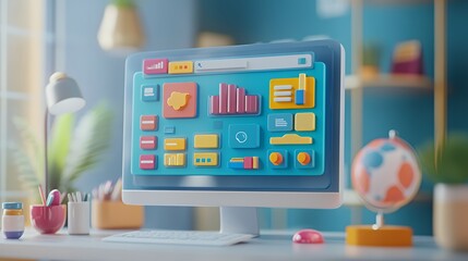 A colorful computer screen displaying various digital interface elements and graphs.