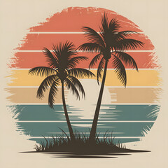 Palm Trees on a Beach with Gradient Stripes in Orange, Yellow, and Green - Serene Sunset T-shirt Design.