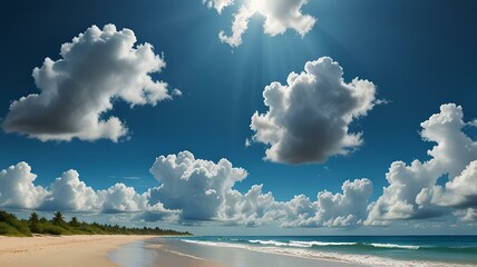 Blue sky and white clouds summer beach illustration.