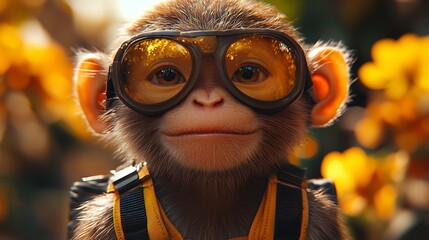 A cute monkey wearing goggles and a backpack looks at the camera.