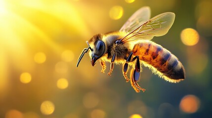 A bee is flying in the air with the sun shining on it