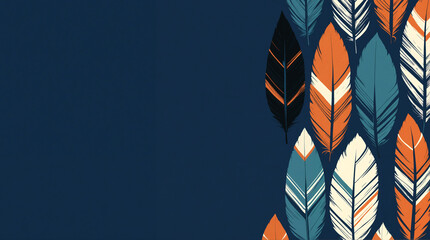 Ameridian, tribal, ethnic indigenous feathers on dark blue background with copy space. Traditional illustration for Native American Heritage Month November celebration