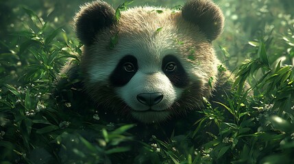 Wall Mural - A cute panda bear peeking from behind green leaves, looking directly at the viewer with a curious expression.