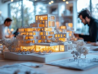 miniature cityscape on a large table surrounded by focused professionals architects and developers collaborate examining intricate building models and blueprints in a sleek modern office setting