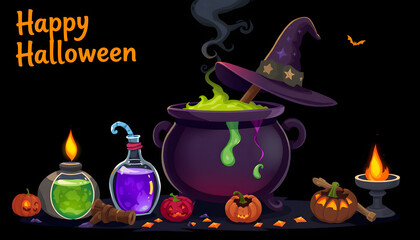 Wall Mural - Witch's cauldron with potion and magic attributes for ritual on dark background. Happy Halloween isolated with white highlights, png