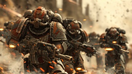 Futuristic soldiers, covered in heavy armor, engage in intense combat, wielding advanced weaponry in a high-stakes battlefield scenario.