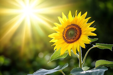 Wall Mural - A vibrant sunflower basking in sunlight against a blurred green background.