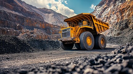 Heavy mining truck navigates a quarry, showcasing engineering power amidst rocky terrain and clear blue skies.