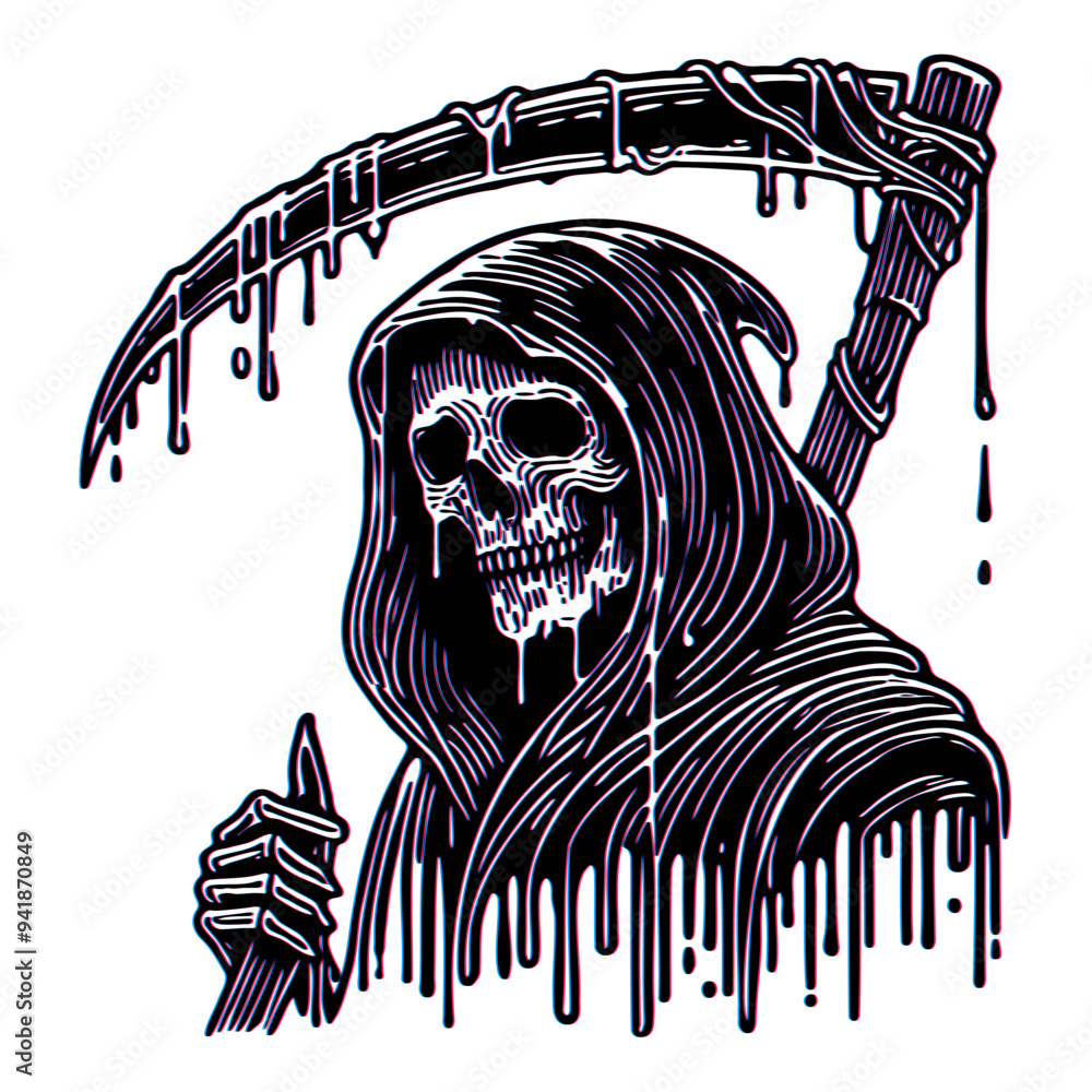 Line art illustration of terrifying Grim Reaper with melting, dripping ...