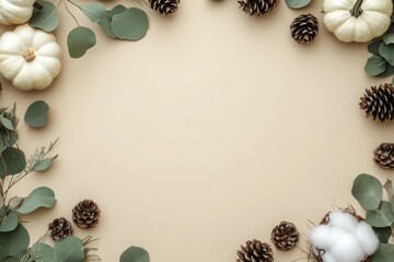 Autumn-themed arrangement featuring white pumpkins, pine cones, and eucalyptus on a neutral background