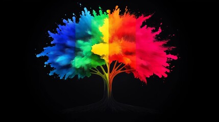 Wall Mural - A colorful tree with a rainbow of colors. The tree is surrounded by a black background. The colors of the tree are vibrant and lively, creating a sense of joy and happiness