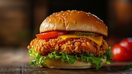 A juicy fried chicken sandwich is placed on an oak table.