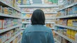 © Ishika - A woman standing in the middle of an aisle in a supermarket, looking at the shelves.