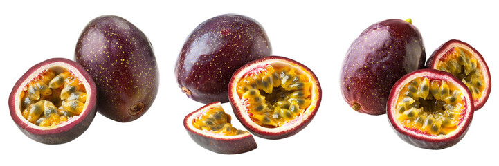 Set of whole passion fruit and a halved passion fruit showcasing the exotic seeds isolated on transparent background  (2)