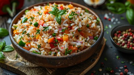 Wall Mural - A vibrant bowl of vegetable rice salad garnished with fresh herbs on a rustic wooden table. Generative AI