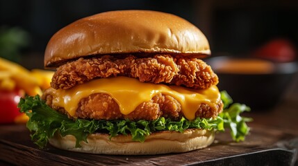 Wall Mural - A juicy fried chicken sandwich is placed on an oak table.