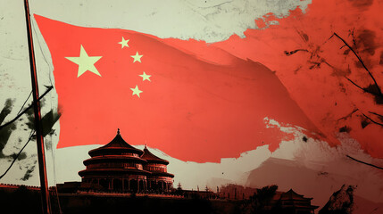 Wall Mural - Chinese red flag with stars on the background of Beijing, state symbol, China, People's Republic of China, PRC, travel, city, traditional architecture, national sign