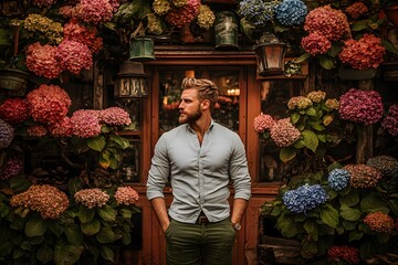 portrait of  a man surrounded by the flowers