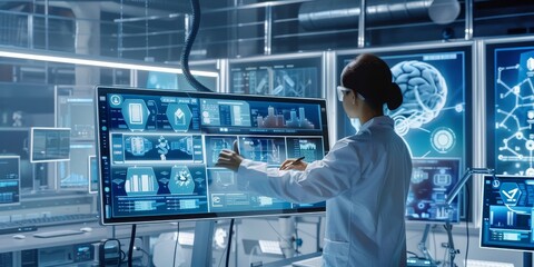 A female scientist interacts with advanced touch screen displays, analyzing complex data in a futuristic lab environment.