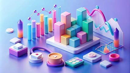 Colorful 3D illustrations of medical icons, charts, and graphs, blended with trendy geometric shapes, to create visually appealing healthcare infographics for modern presentations.