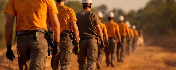 A line of miners walking through a dusty trail carrying heavy equipment toward a remote mining site, photorealistic, hyper-resolution, harsh and demanding work