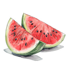 Retro drawing of two watermelon slices. Classic ink and watercolor watermelon illustration on transparent background