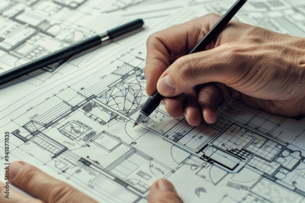 Person creating architectural design for house building with precision ...