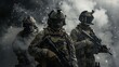© Monty - Three soldiers outfitted in full tactical gear, holding rifles, and surrounded by smoke on a battlefield.