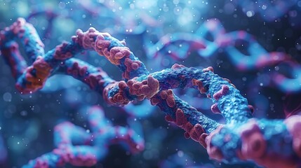 A 3D visualization of a DNA molecule features a colorful double helix structure, emphasizing its scientific complexity and biological significance.