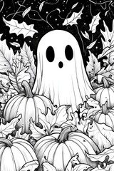 Canvas Print - A cute ghost. Surrounded by pumpkins and fall foliage. Coloring page