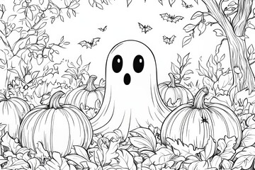 Wall Mural - A cute ghost. Surrounded by pumpkins and fall foliage. Coloring page