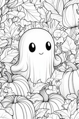 Canvas Print - A cute ghost. Surrounded by pumpkins and fall foliage. Coloring page