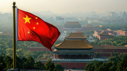 Wall Mural - Chinese red flag with stars on the background of Beijing, state symbol, China, People's Republic of China, PRC, travel, city, traditional architecture, national sign