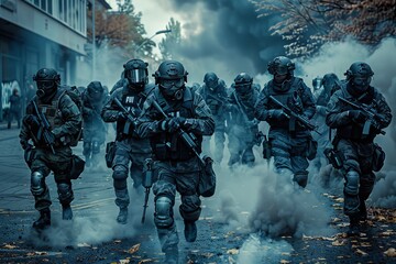 A tactical police unit charges forward through smoke in an urban setting during an operation, showcasing authority, action, and urgency.