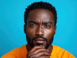 perplexed african man in vibrant orange shirt against vivid blue background hand on chin in contemplative pose negative space for text