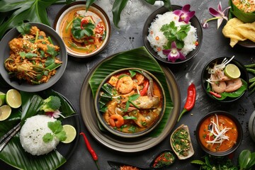 Wall Mural - A table filled with various bowls of food, perfect for use in articles about cuisine, cooking, or cultural events