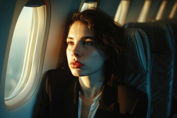 Wall Mural - A person sitting in an airplane, looking out the window at passing clouds and landscape