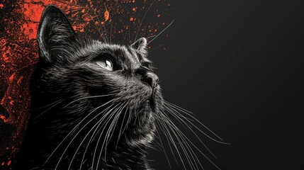 Sticker - A striking black cat gazes upward, illuminated against a stark background with splashes of red, showcasing its mysterious allure. Generative AI