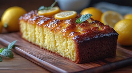 A freshly baked lemon loaf cake with lemon slices and mint leaves, sitting on a wooden cutting board.