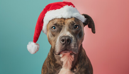 Wall Mural - A playful dog wearing a festive Santa hat against a colorful background during the holiday season