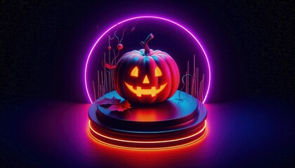 Hyper-realistic photograph of a glowing orange Halloween jack-o'-lantern placed on a sleek, round podium platform, bathed in vibrant neon violet light, creating a dramatic contrast