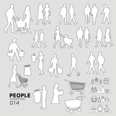 Wall Mural - Shopping Architectural Drawings people vector illustration, top view, human person Minimal style hand drawn. Sections, Elevations, Floor Plans.