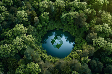 Sticker - A pond in the middle of a forest with a tree in the middle of it